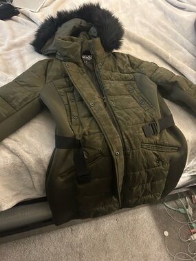 Michael Kors Olive Green Puffer Coat with Black Fur Trim